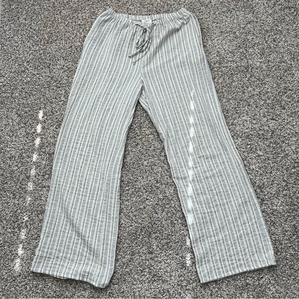 White and Gray/Blue Striped Pants